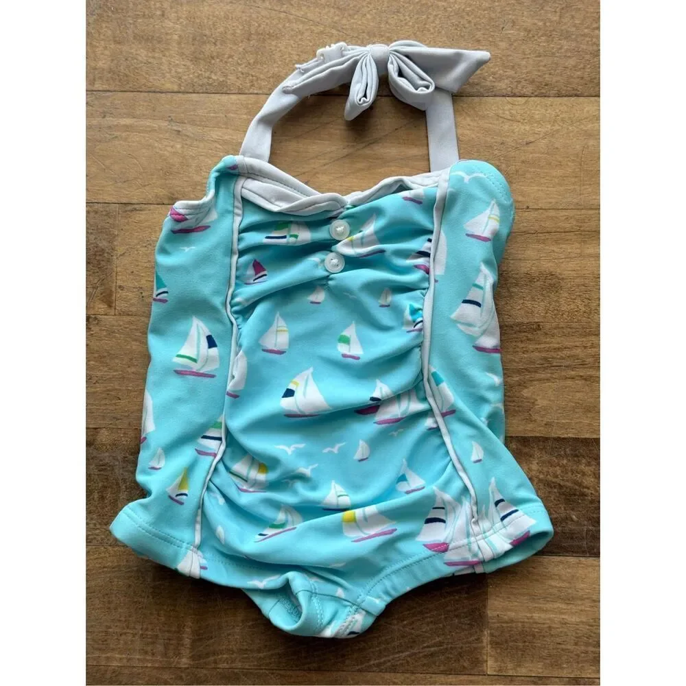 NWOT Janie And Jack Retro Sailboat Sailor One Piece Swimsuit Baby Girl 3-6 Month